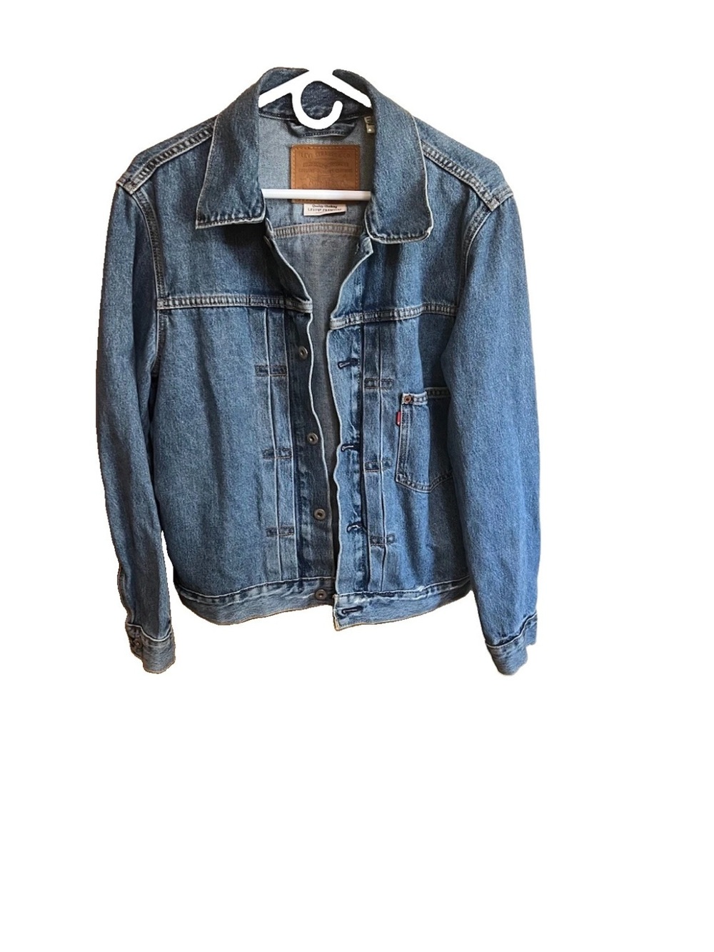 Levi’s Premium Type I Trucker Jacket S Oversized Distressed Cut Cinch Big E Blue